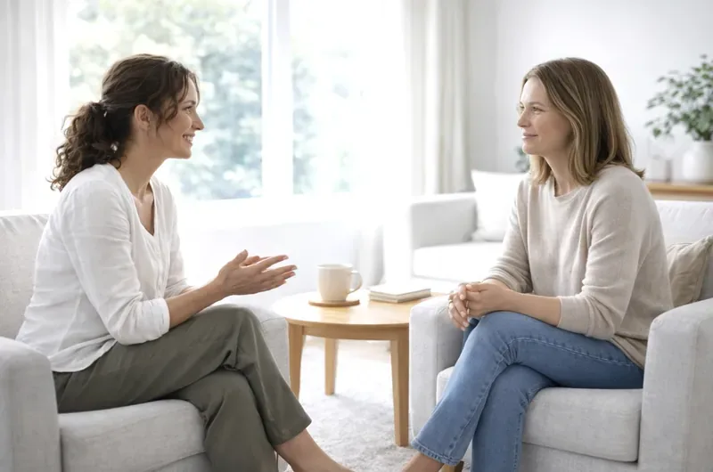 A psychologist and client talking in a bright consulting room